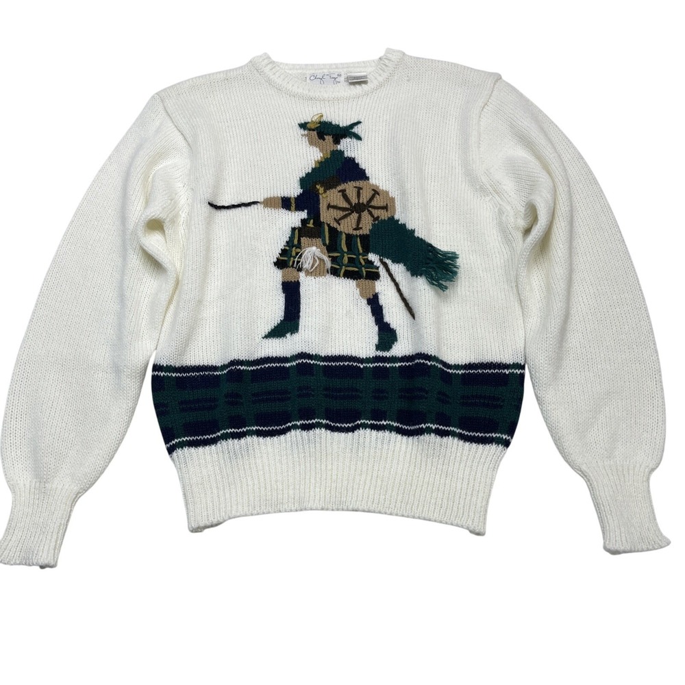 Vintage Cheryl Tiege Sweater Womens M White Scottish Bagpiper Embroidered Preppy